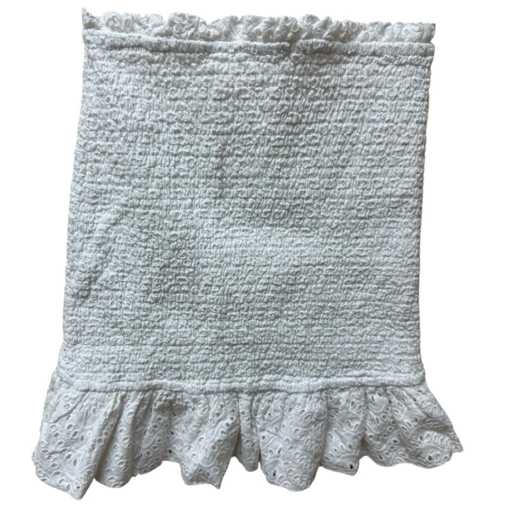 Lovers + Friends White Smocked Strapless Tube Top Eyelet Ruffle Hem. Sz S